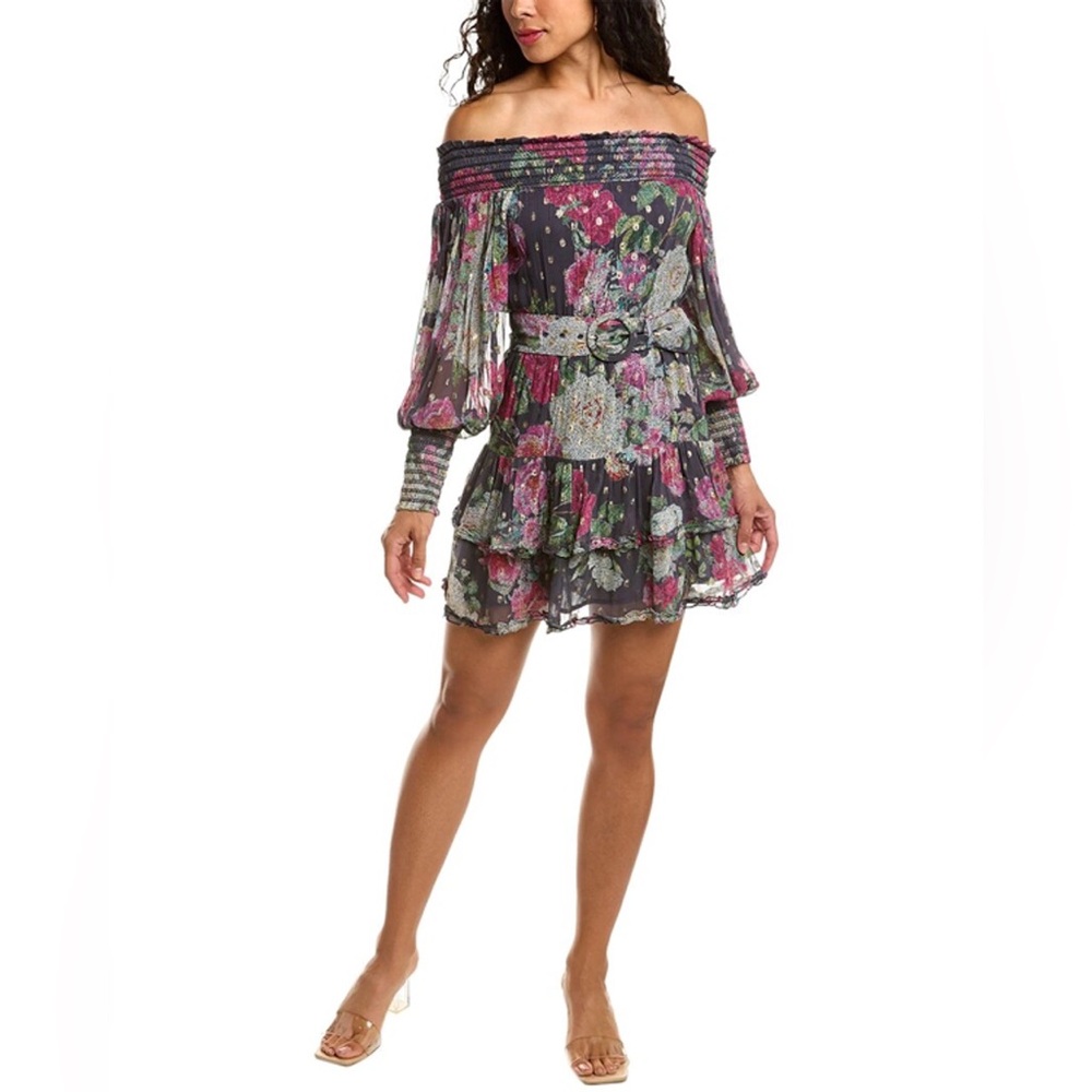 Rococo Sand Avar Ruffled Raisin Floral Off Shoulder Mini Dress size S